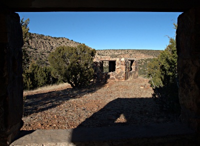 View from a campsite shelter toward another campsite.
