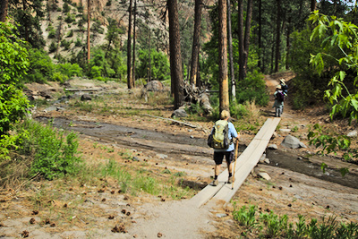 Diana crossing the bridge, with Steve and Sue on the far side
