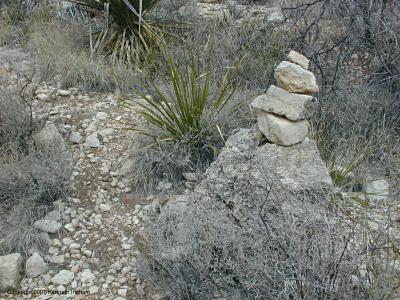 A cairn and the trail when it is up on the bench
