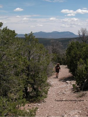 Diana on the trail with the San Pedro mountains in the background.
